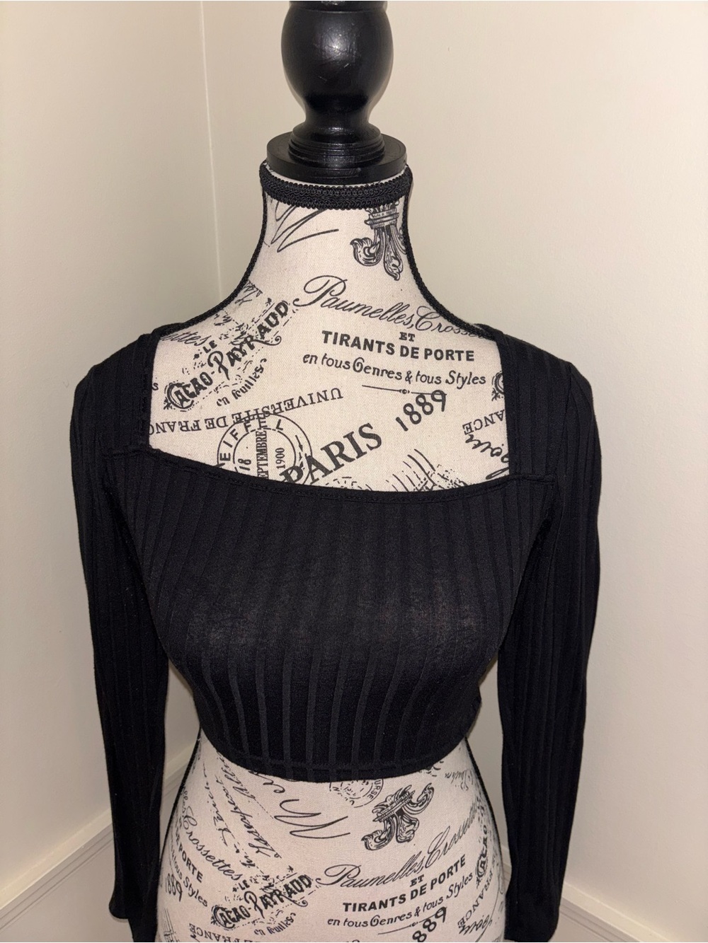 Black Ribbed Square-Neck Cropped Top - Women